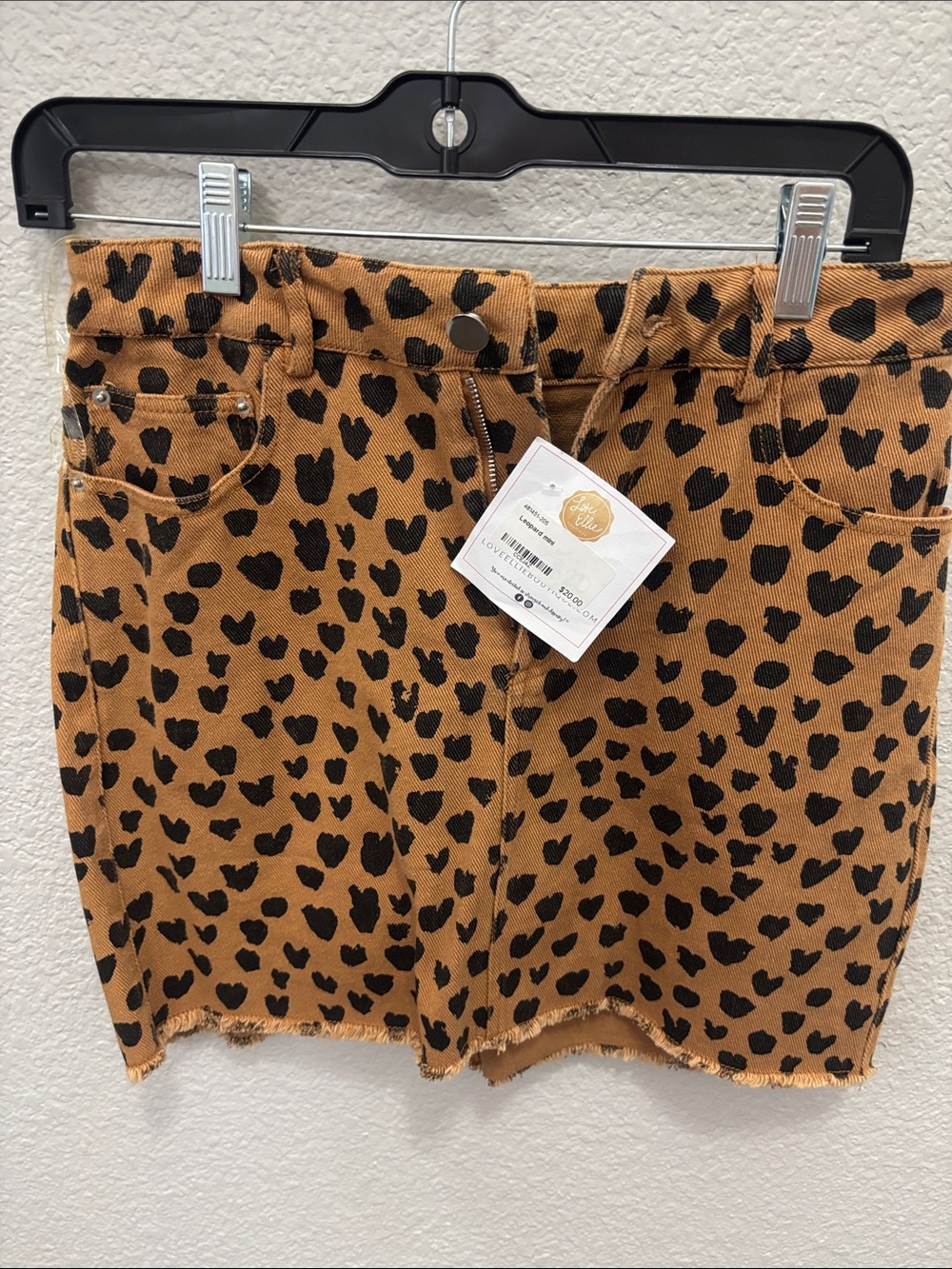 entro Leopard Heart Print Denim Skirt in Tan and Black